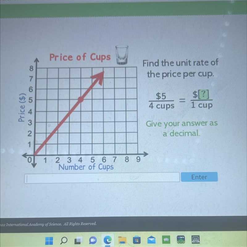 Price ($)87654321Price of CupsFind the unit rate ofthe price per cup.$[?]$54 cups-example-1