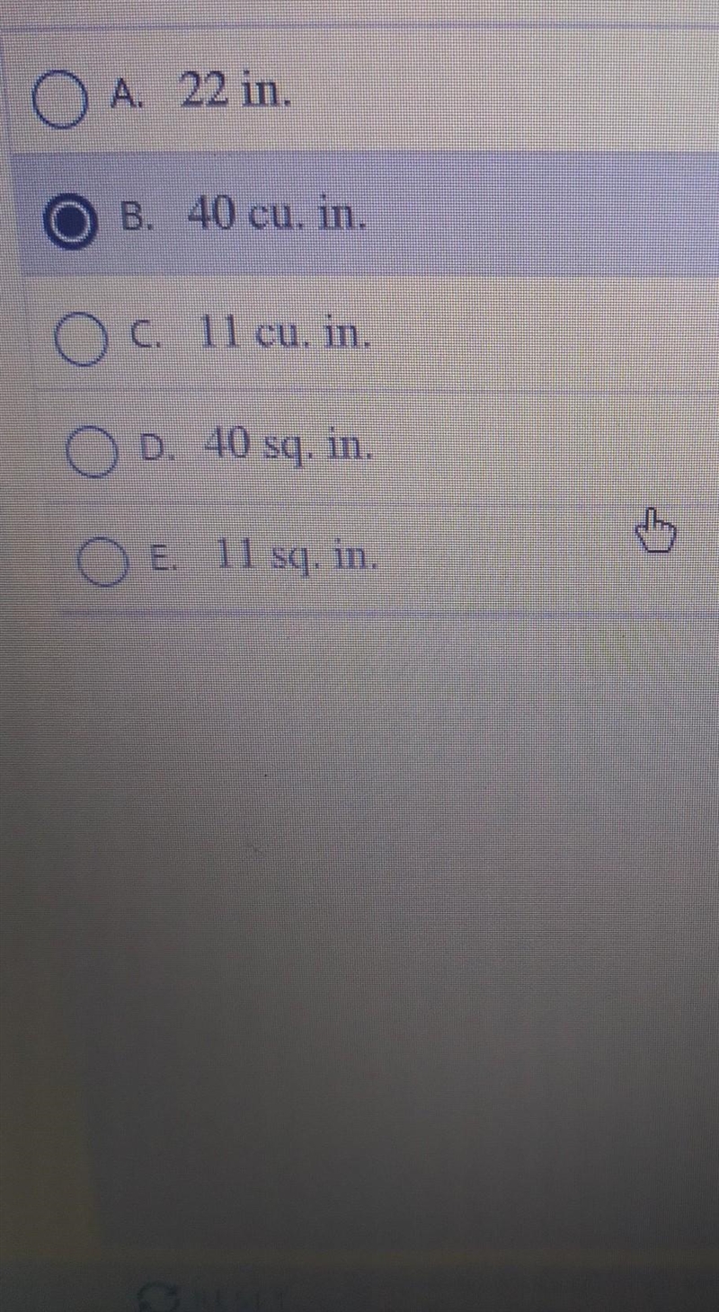 The volume of a box 4in. wide, 2 in. high, and 5 in. long is ?-example-1