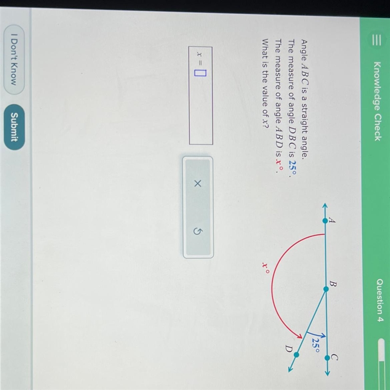 PLEASE HELP!!! Angle ABC is a straight angle. The measure of angle DBC is 25°. The-example-1