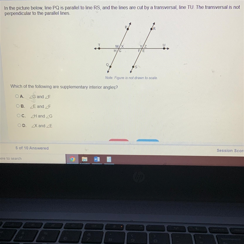 In the picture below, line PQ is parallel to line RS, and the lines are cut by a transversal-example-1