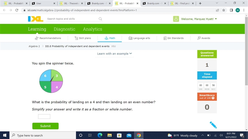 You spin the spinner twice.3456What is the probability of landing on a 4 and then-example-1