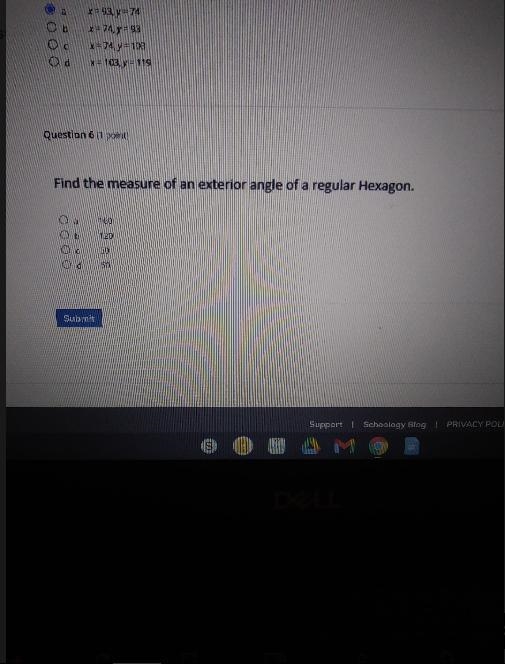 Question 6 (1 point) Find the measure of an exterior angle of a regular Hexagon. Oa-example-1