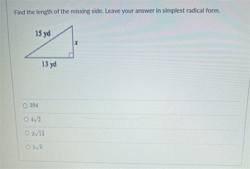 Find the length of the missing side. Leave your answer in simplest radical form.15 ydO-example-1