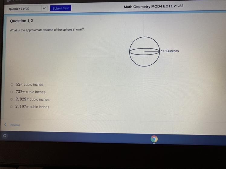 What is the approximate volume of the sphere shown? r= 13 inches o 527 cubic inches-example-1