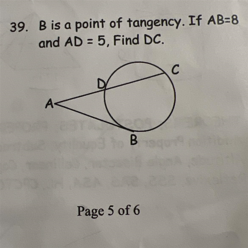 B is a poiny of tangency. if ab=8 and ad=5, find dc.-example-1