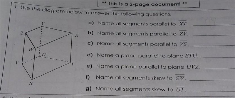 1. Use the diagram below to answer the following questions. a) Name all segments parallel-example-1