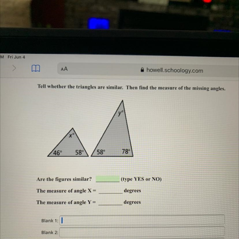 Tell whether the triangles are similar. Then find the measure of the missing angles-example-1