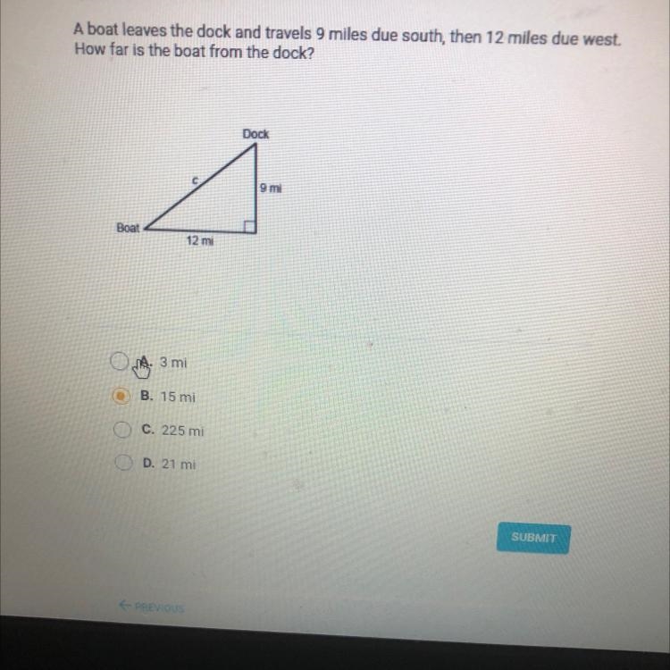 Question 34 of 51A boat leaves the dock and travels 9 miles due south, then 12 miles-example-1