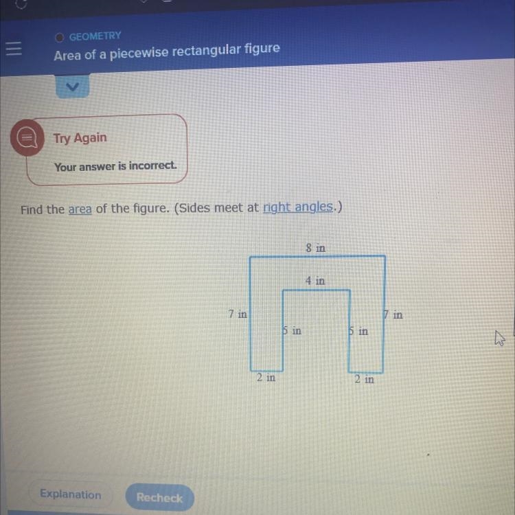 Find the area of the figure. (Sides meet at right angles.) 7 in 2 in 5 in 8 in 4 in-example-1