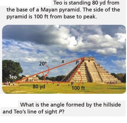 what is the angle formed by the hillside and theo's line of sight p?1 Approximately-example-1