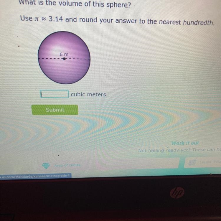 What is the volume of this sphere? Use a ~ 3.14 and round your answer to the nearest-example-1