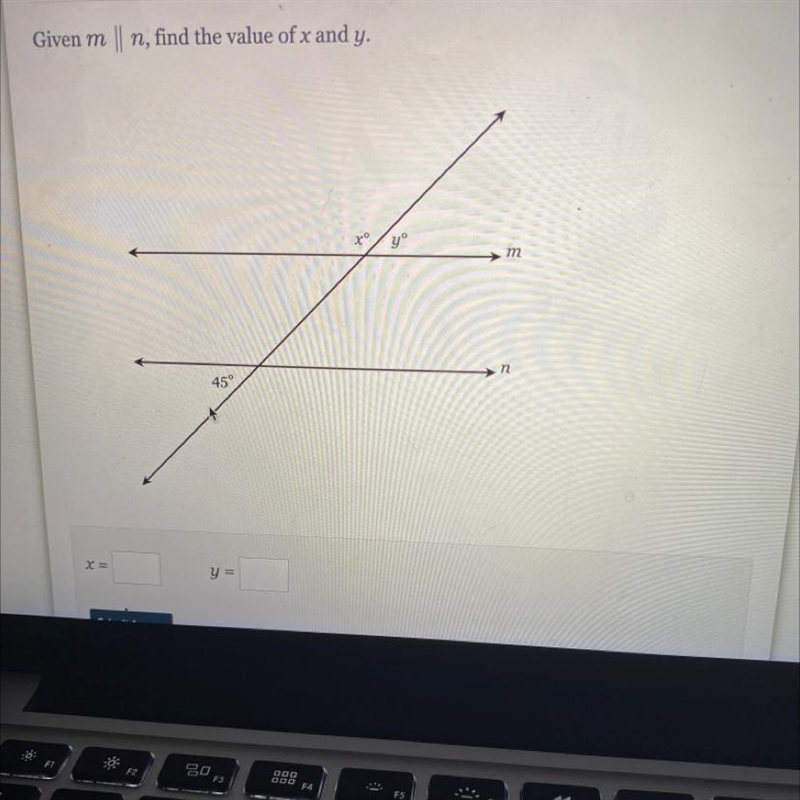 Given m || n, find the value of x and y. 45° २० yº m n-example-1