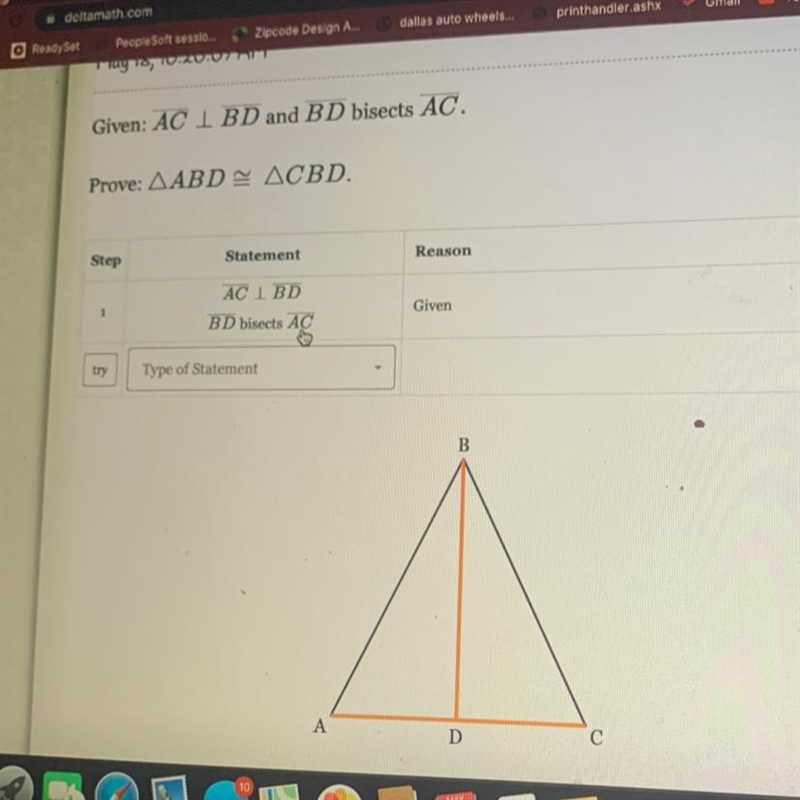 סוסדיטרידGiven: AC I BD and BD bisects AC.Prove: AABD ACBD.StepStatementReasonAC I-example-1