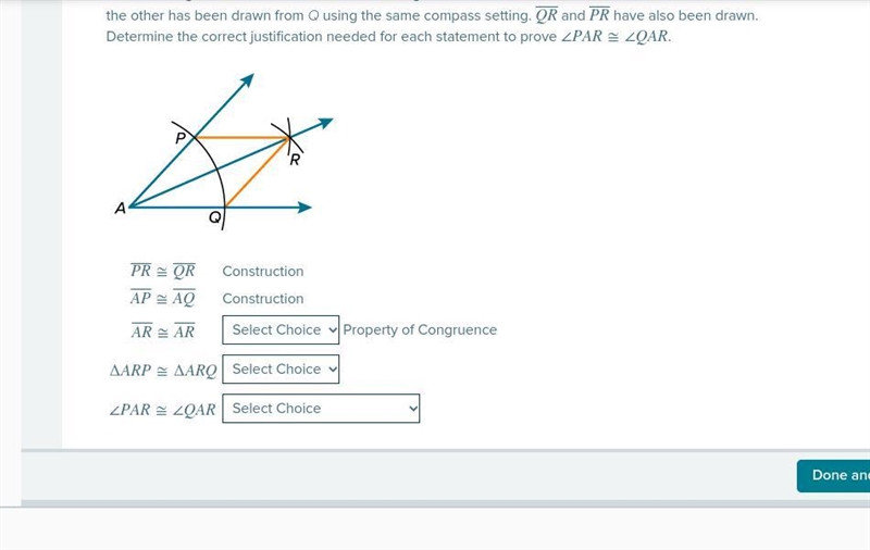 An arc through P and Q and two arcs intersecting at R have been drawn. One arc at-example-1