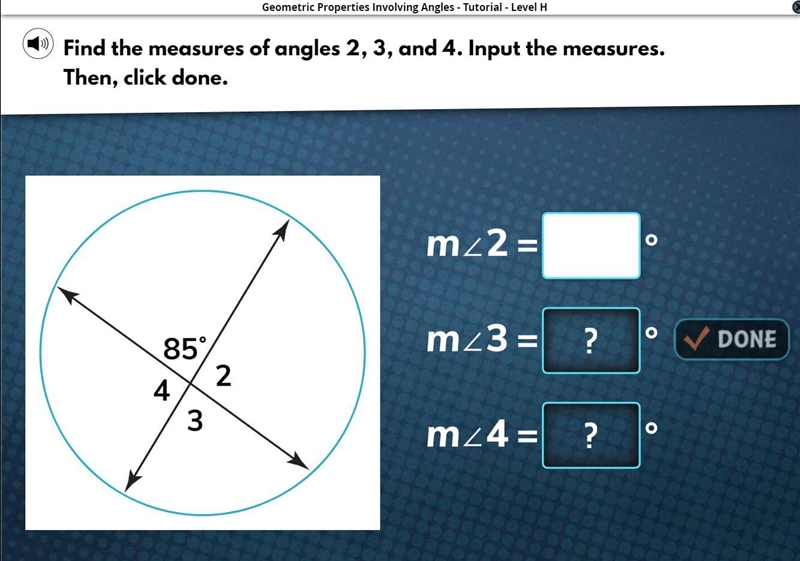 Find the measure of angles 2, 3, and 4. input the measures then click done. i-ready-example-1