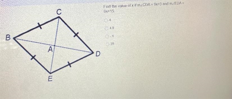 Find the value of x if m¿CDA = 9x+3 and mLEDA=6x+15-example-1