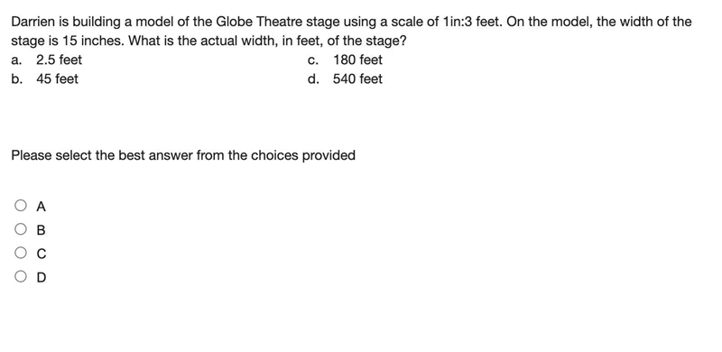 Darrien is building a model of the Globe Theatre stage using a scale of 1in:3 feet-example-1