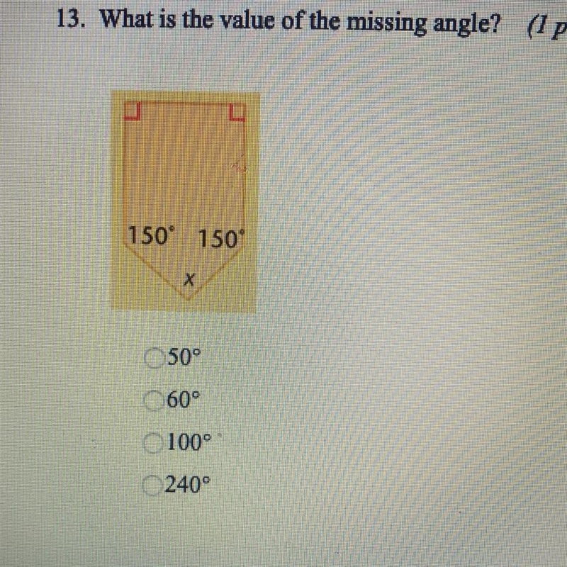 What is the value of the missing angle?-example-1