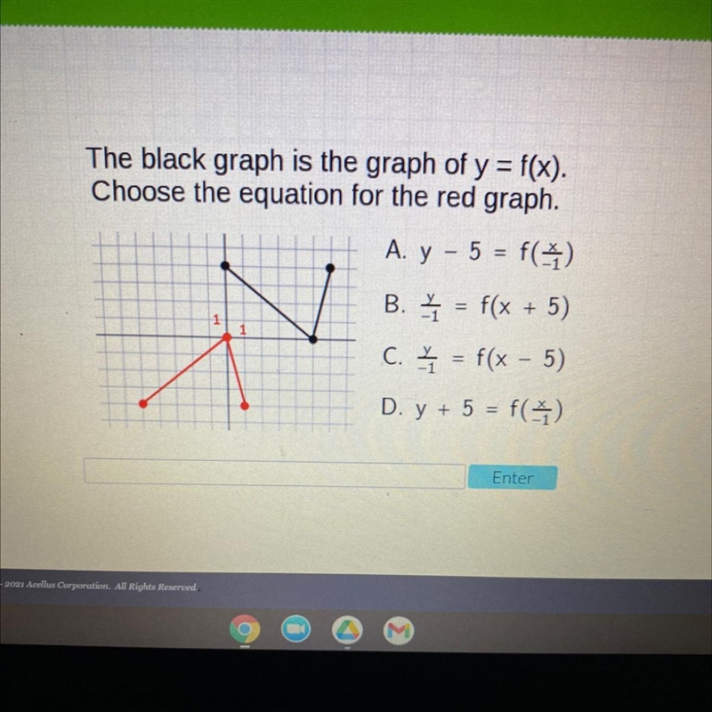 The black graph is the graph of y = f(x).Choose the equation for the red graph.A. y-example-1