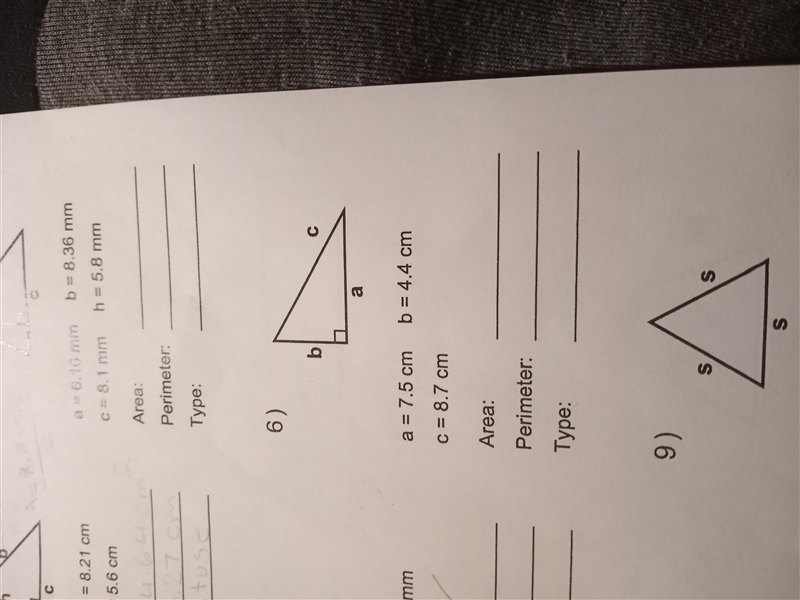 Identify and calculate the area and perimeter for each triangle-example-1