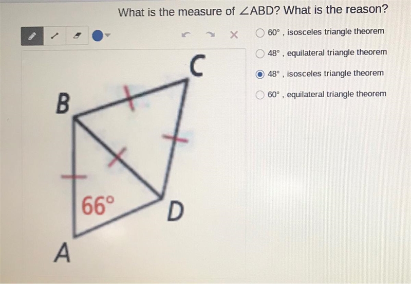 What is the measure of ZABD? What is the reason?60° , isosceles triangle theorem48°, equilateral-example-1