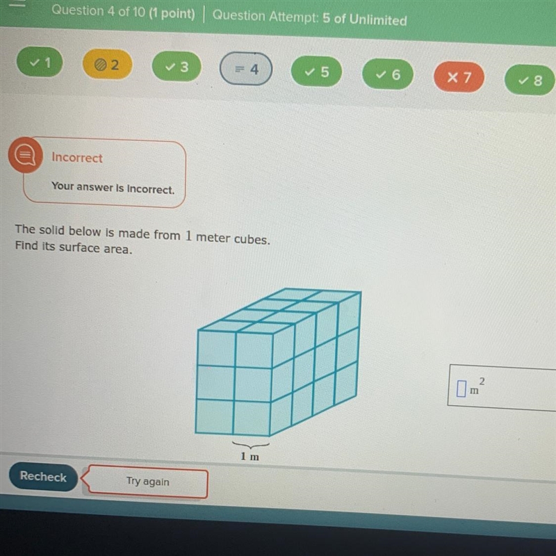 The solid below is made from 1 meter cubes. Find its surface area. Please help guys-example-1