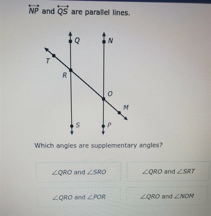 NP and QS are parallel lines. which angles are supplementary angles?-example-1