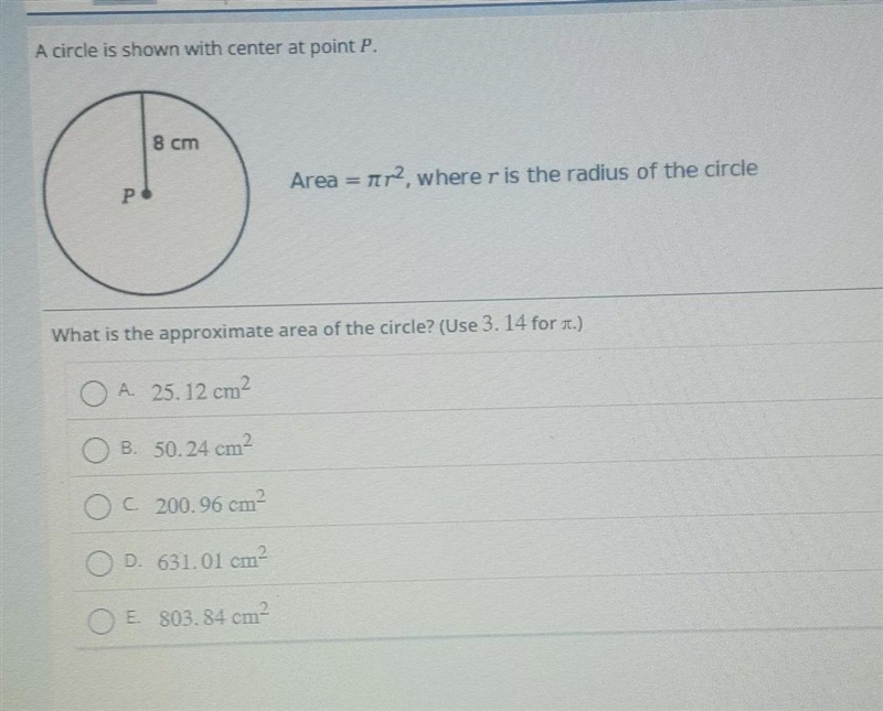 A circe is shown with center at point P. Area = 1 r2, where r is the radius of the-example-1