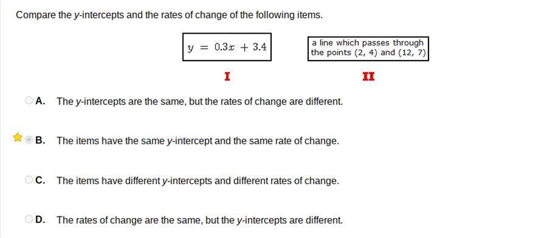 Question 1. Compare the y-intercepts and the rates of change of the following items-example-1