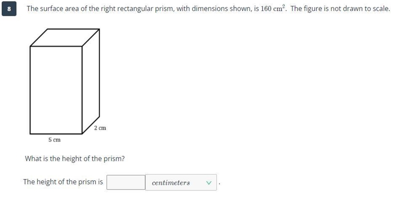 The surface area of the right rectangular prism, with dimensions shown, is 160cm^2. The-example-1