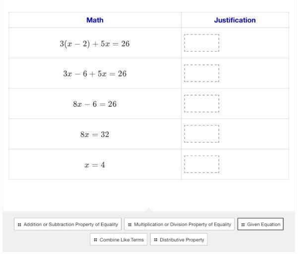 I need to know the property of each step in the equation3(x-2)+5x=26-example-1