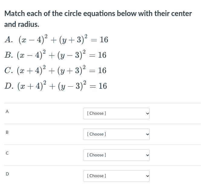 Match each of the circle equations below with their center and radius.-example-2