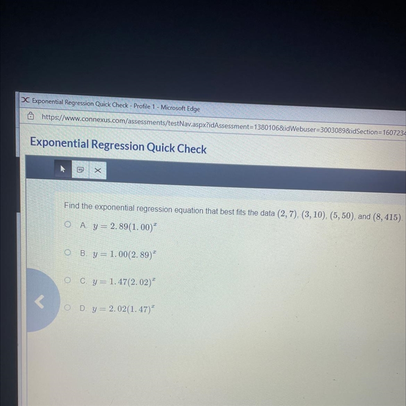 Find the exponential regression equation that best fits the data (2,7),(3,10),(5,50) and-example-1