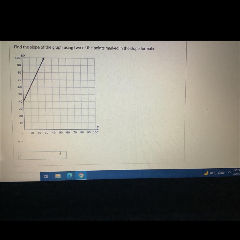 Find the slope of the graph using two of the points marked in the slope formula?-example-1