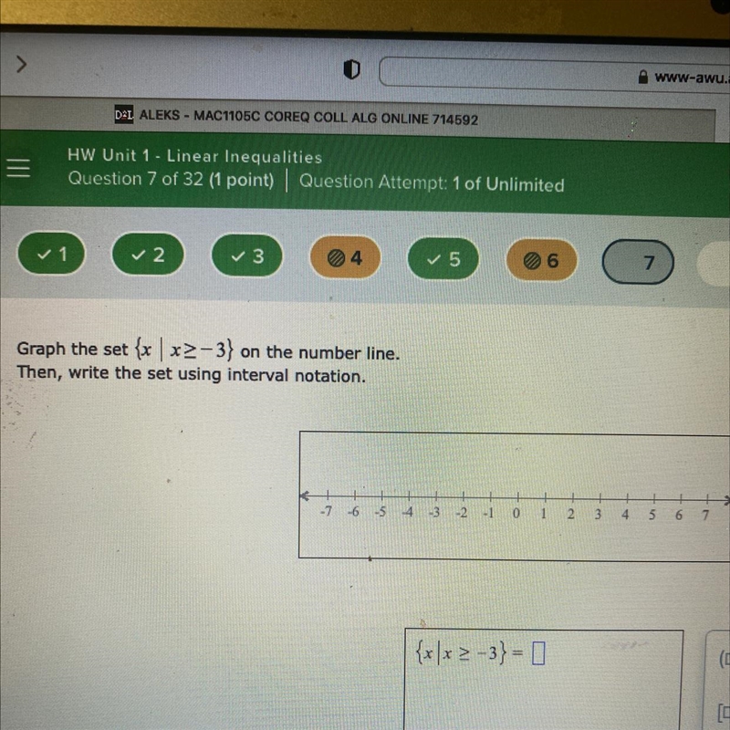 Graph the set x2-3 on the number line.Then, write the set using interval notation-example-1