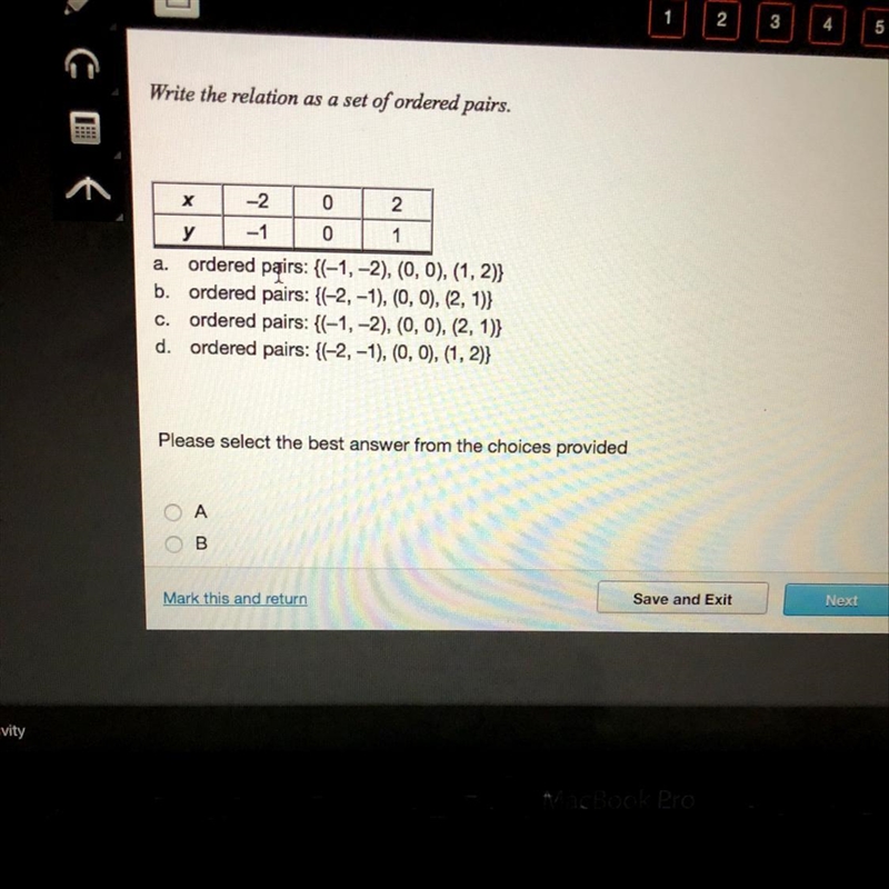 Write the relation as a set of ordered pairs.Х-202a.y -1 0 1ordered pairs: {(-1, -2), (0, 0), (1, 2)}b-example-1