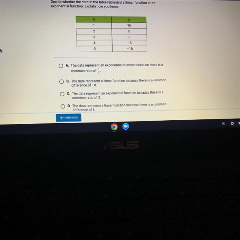 Decide wether the data in the table represent a linear function or an exponential-example-1