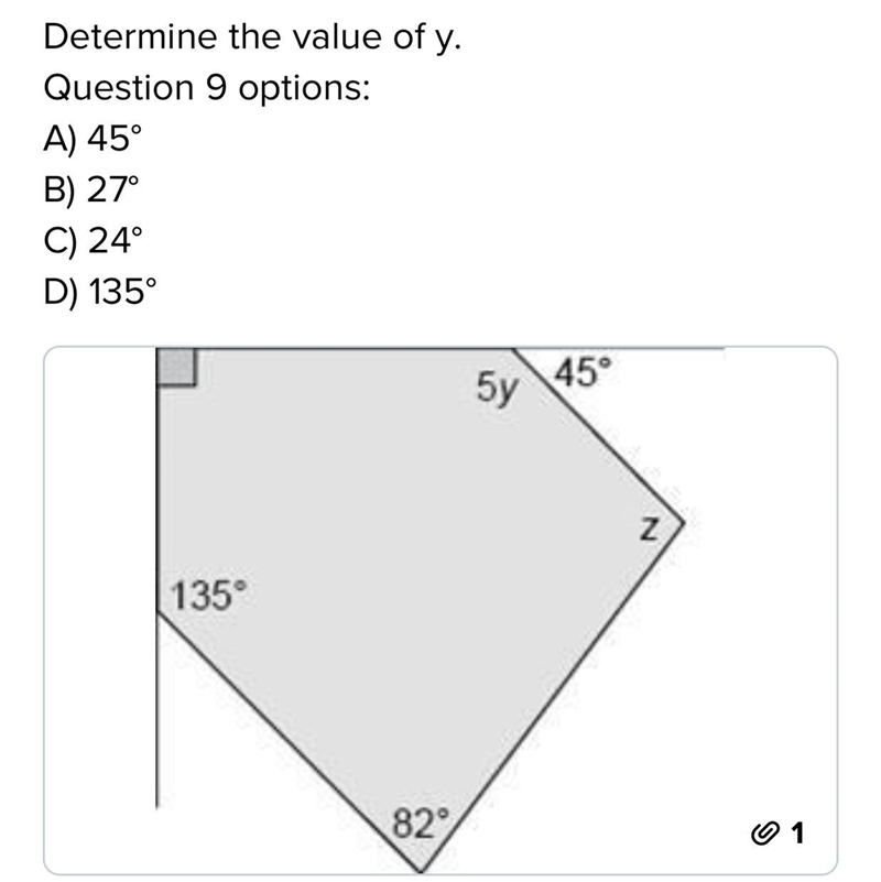 Determine the value of y. 135° 27° 24° 45°-example-1