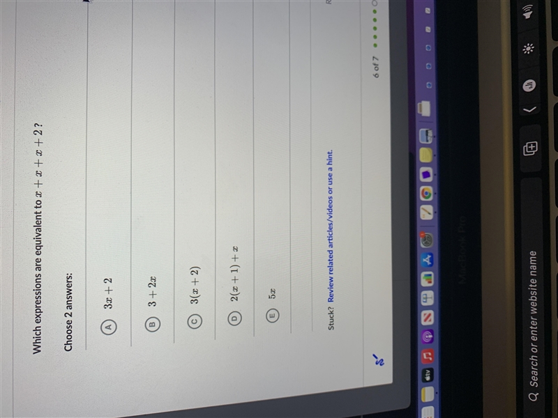 Which expressions are equivalent to x + x + x + 2?Choose 2 answers:A3.2 + 2B3 + 2x-example-1