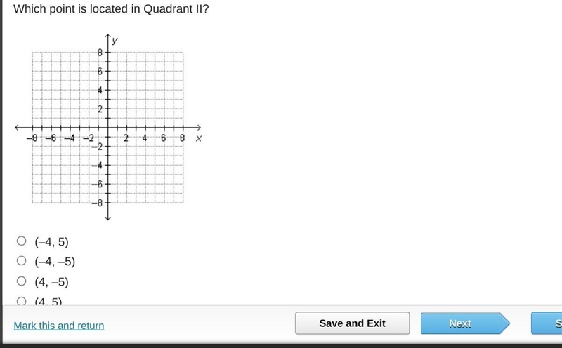 Which point is located in Quadrant II? (-4,5) (-4,-5) (4,-5) (4,5)​-example-1