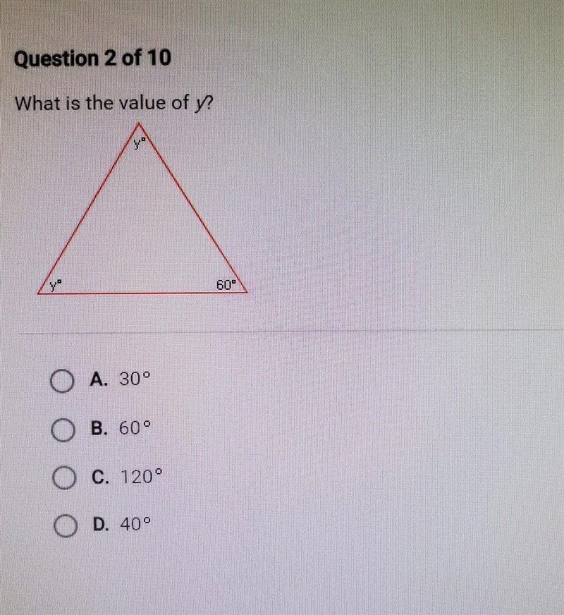 What is the value of y? A. 30° B. 60° C. 120° D. 40°​-example-1