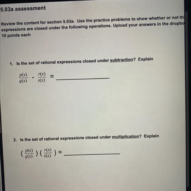 1. Is the set of rational expressions closed under subtraction? Explain p(x) 9(x) r-example-1