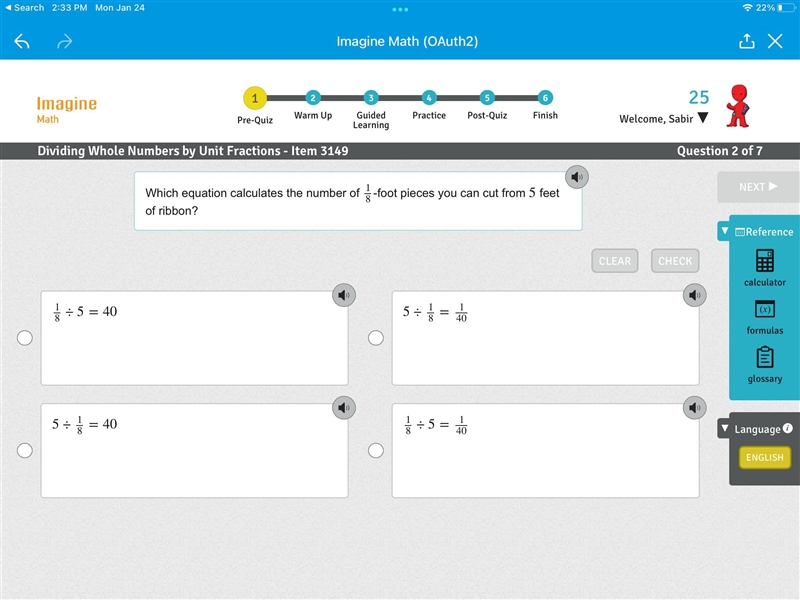 Which equation calculates the number of 1818-foot pieces you can cut from 55 feet-example-1