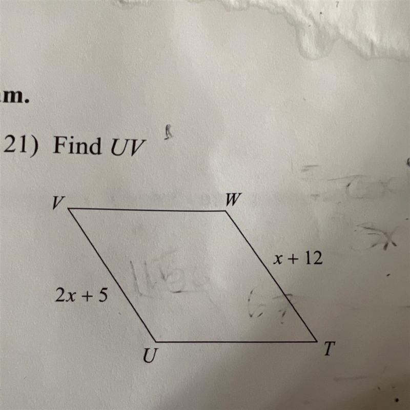 Find the measurement indicated in each parallelogram 21) Find UV-example-1