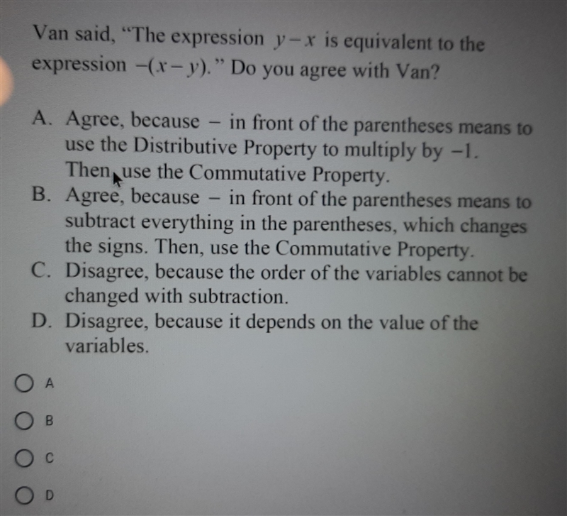 Van said, "The expression y-r is equivalent to the expression -(x - y).&quot-example-1