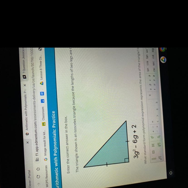 What standard form polynomial expression represents the area of the triangle-example-1