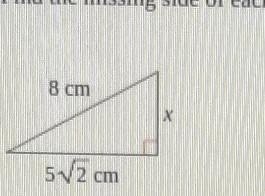 find the missing side of each triangle.Leave your answers in simplest radical form-example-1