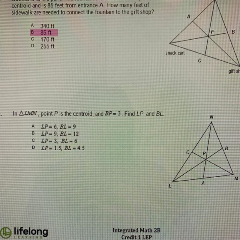 In LMN, point P is the centroid, and BP = 3. Find LP and BL-example-1