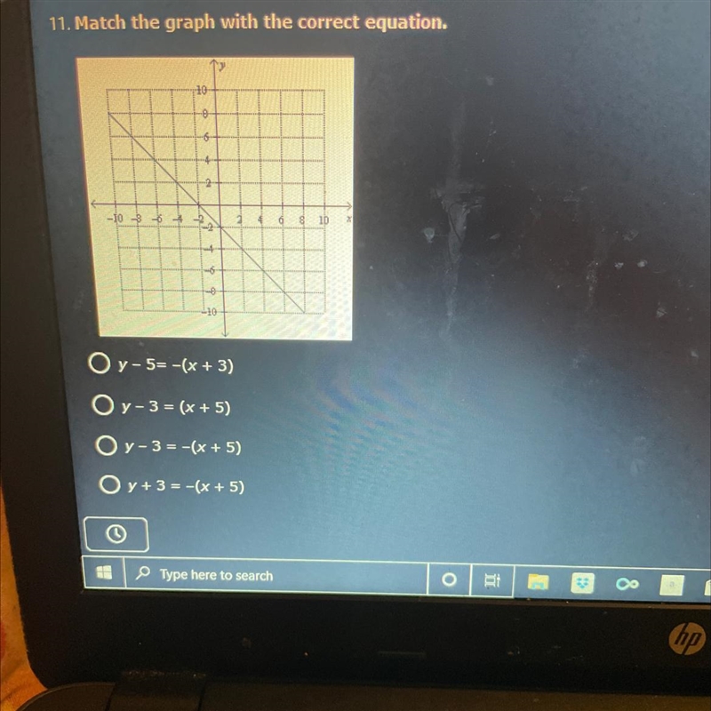 Match the graph with the correct equation. A. Y-5=-(x+3)B. Y-3=(x+5)C. Y-3=-(x+5)D-example-1