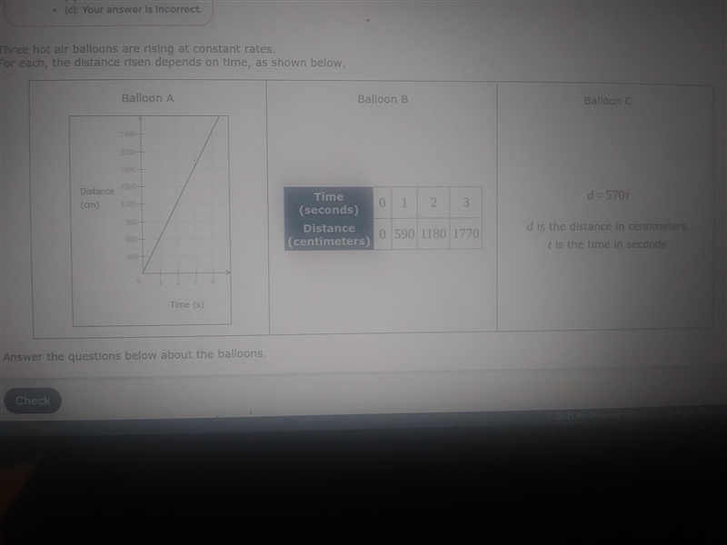 Three hot air balloons are rising at constant rates. for each, the distance risen-example-1